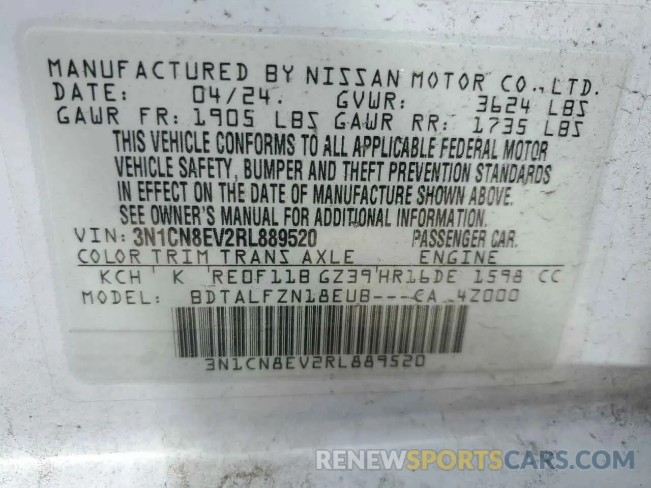 13 fotografías del automóvil dañado 3N1CN8EV2RL889520 NISSAN VERSA 2024