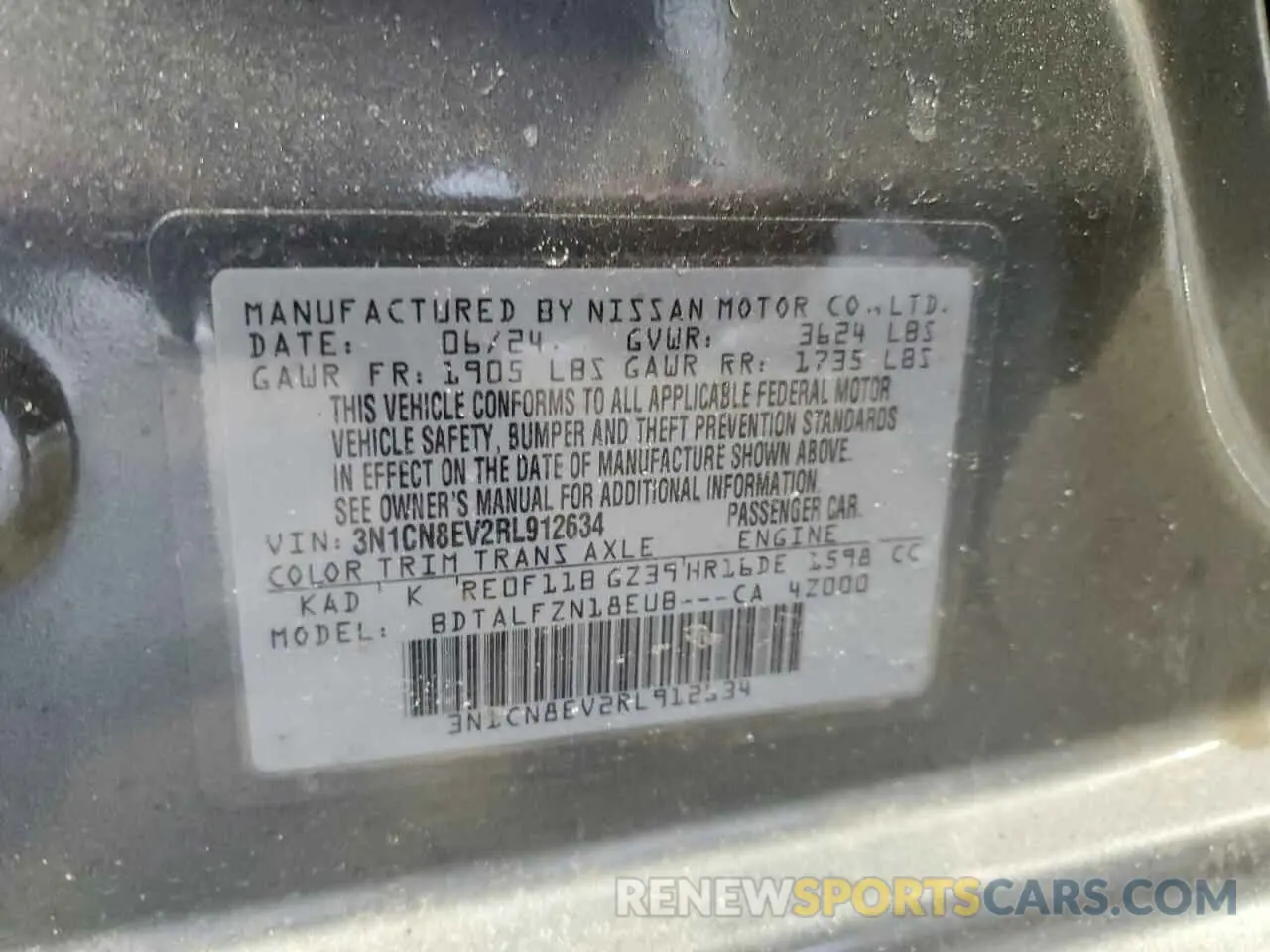 13 fotografías del automóvil dañado 3N1CN8EV2RL912634 NISSAN VERSA 2024