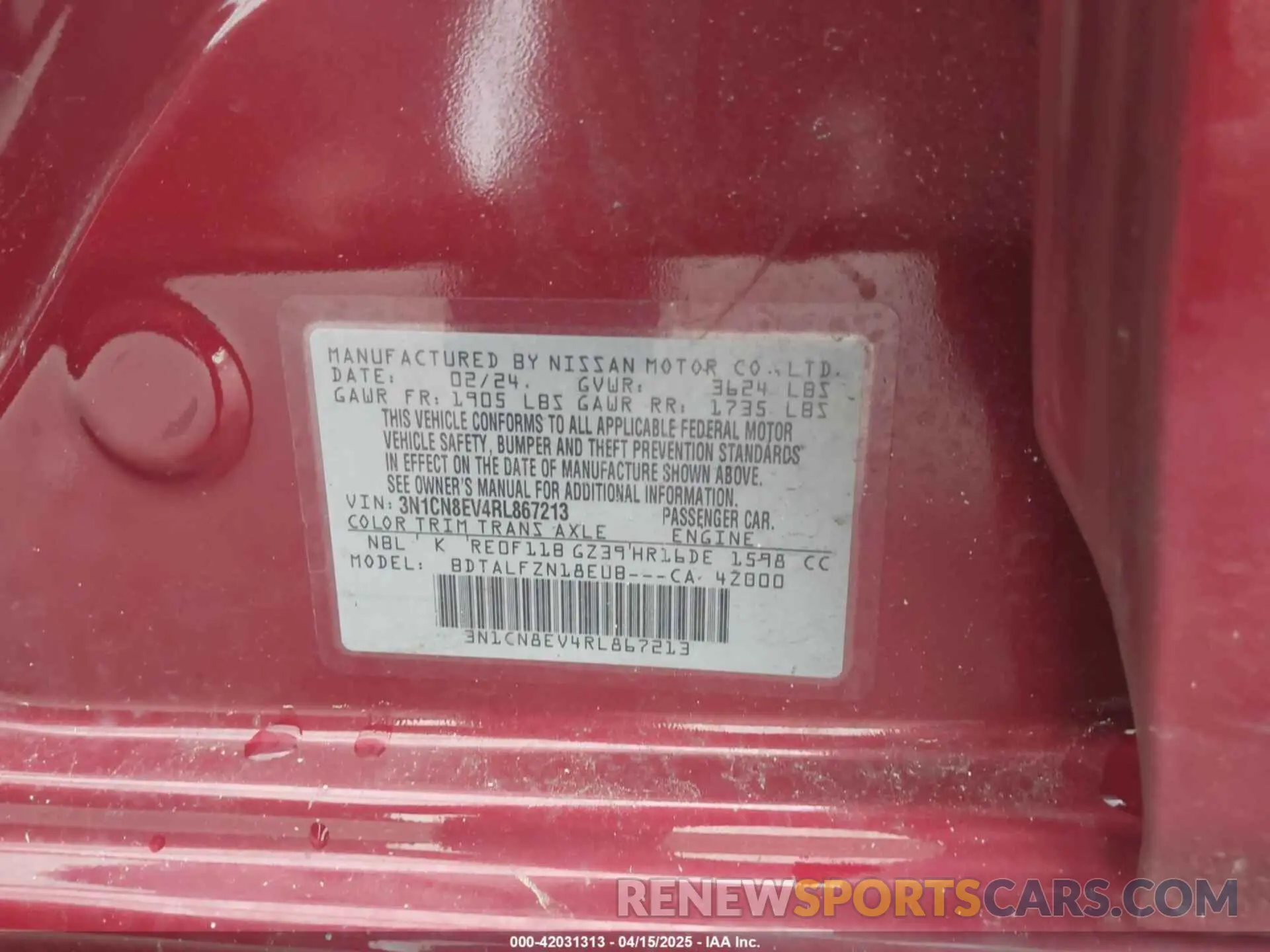 9 fotografías del automóvil dañado 3N1CN8EV4RL867213 NISSAN VERSA 2024