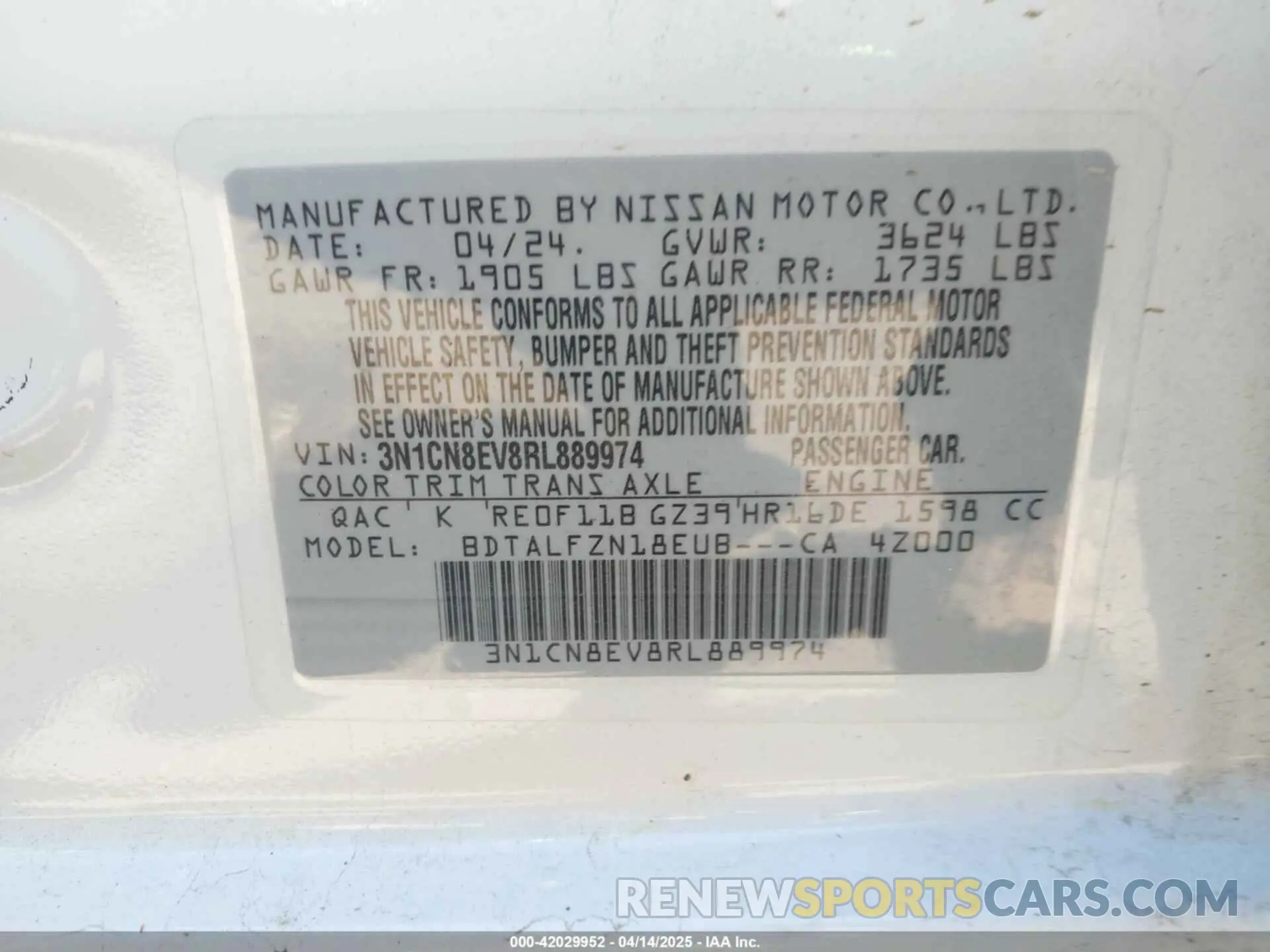 9 fotografías del automóvil dañado 3N1CN8EV8RL889974 NISSAN VERSA 2024