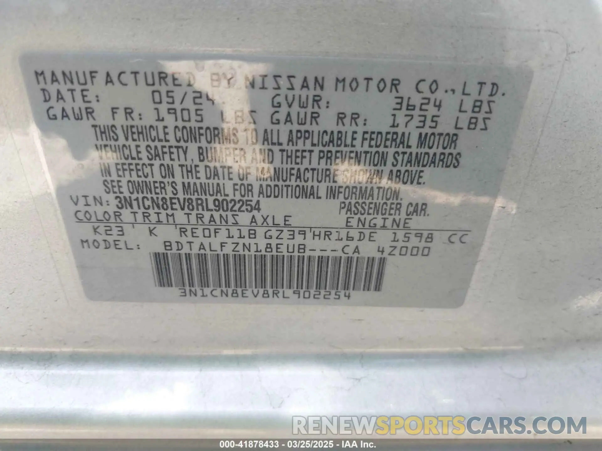 9 fotografías del automóvil dañado 3N1CN8EV8RL902254 NISSAN VERSA 2024