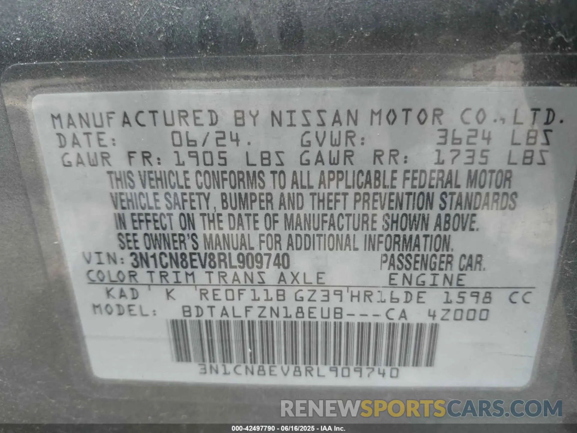 9 fotografías del automóvil dañado 3N1CN8EV8RL909740 NISSAN VERSA 2024