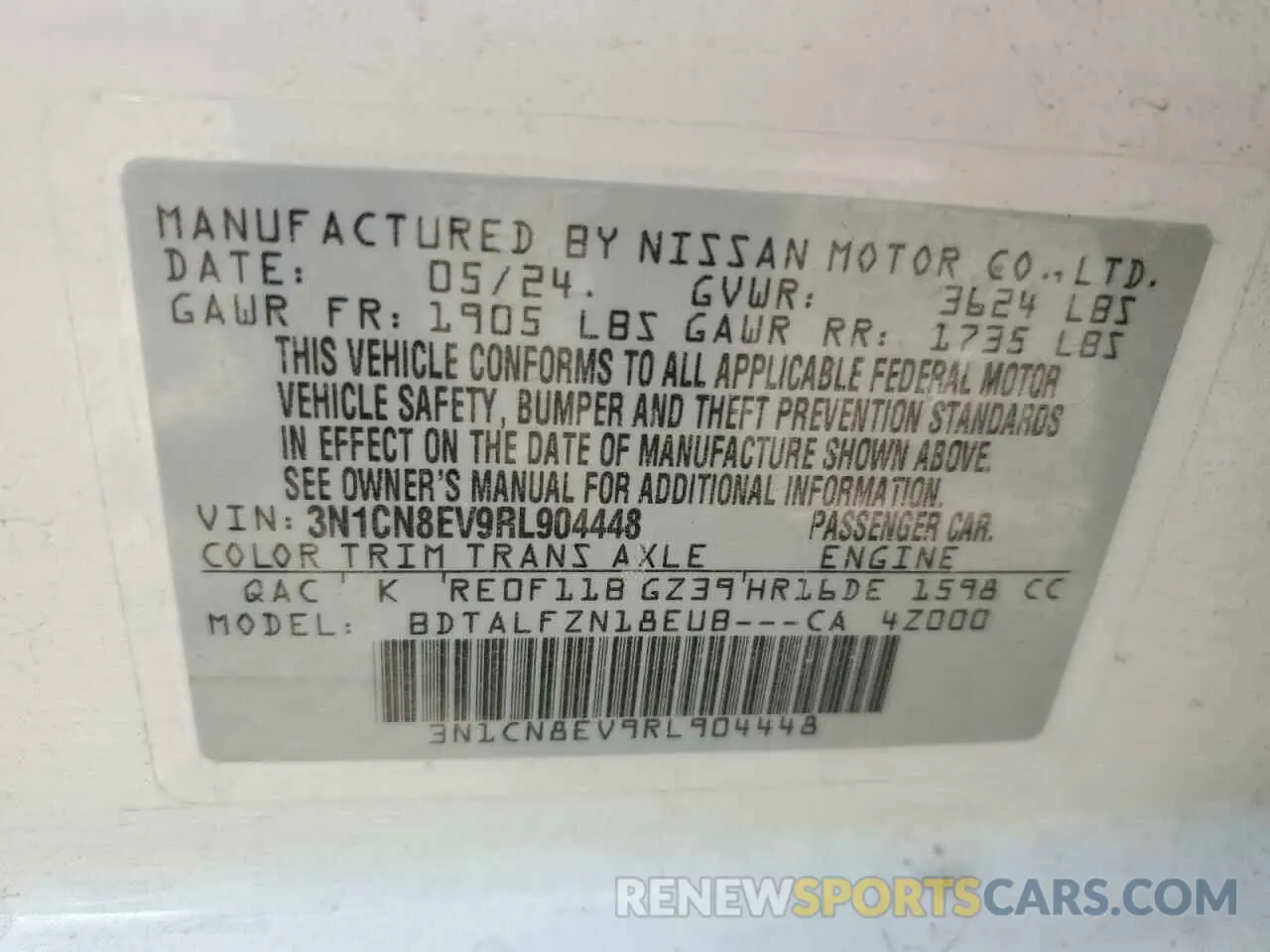 12 fotografías del automóvil dañado 3N1CN8EV9RL904448 NISSAN VERSA 2024