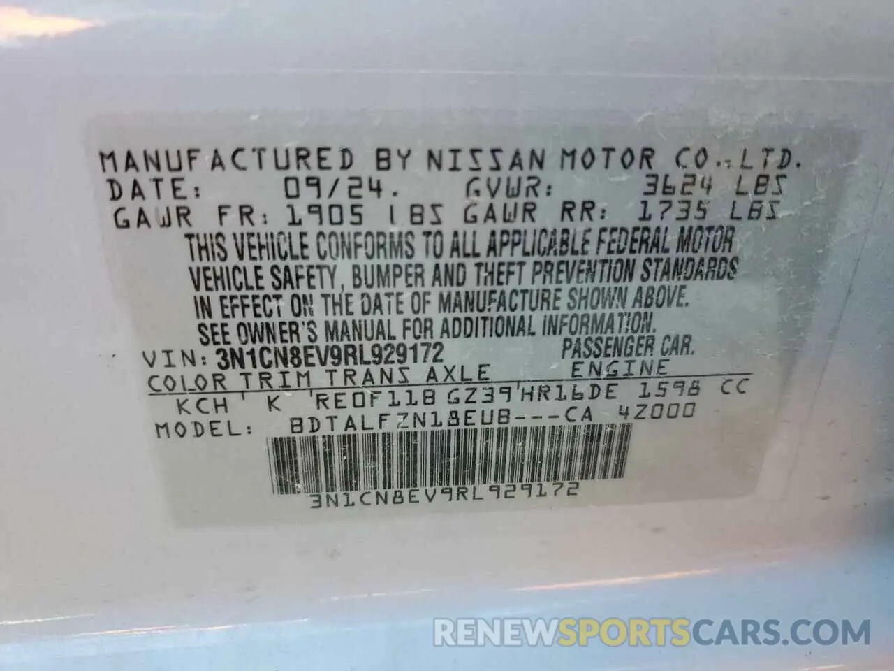 13 fotografías del automóvil dañado 3N1CN8EV9RL929172 NISSAN VERSA 2024