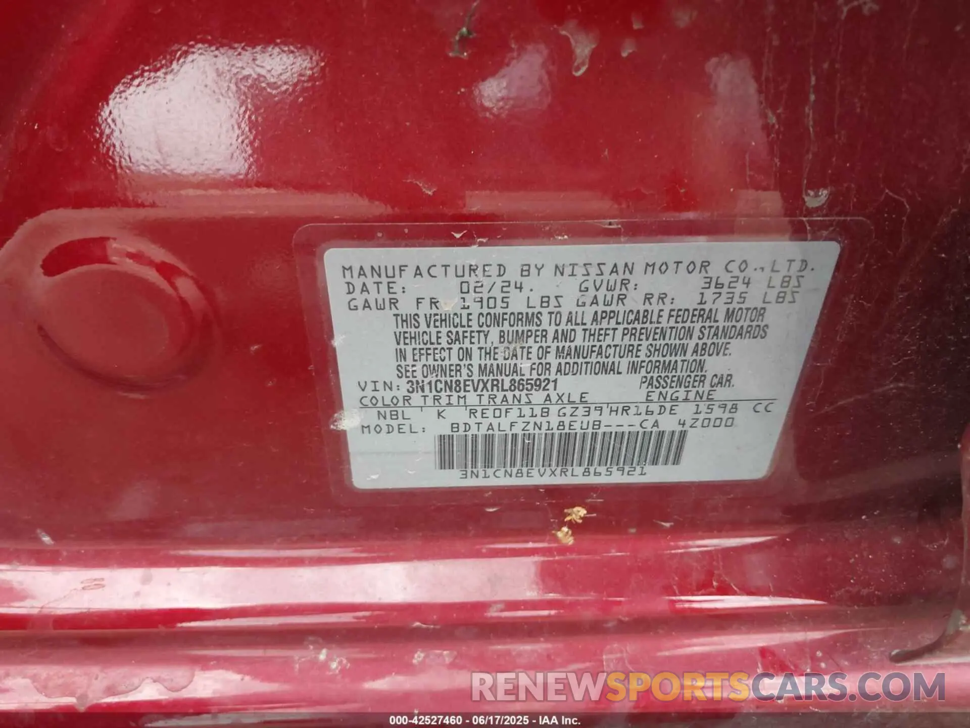9 fotografías del automóvil dañado 3N1CN8EVXRL865921 NISSAN VERSA 2024