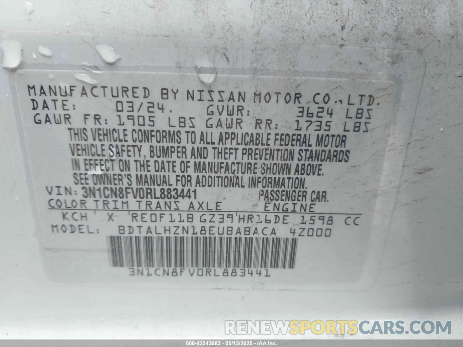 9 fotografías del automóvil dañado 3N1CN8FV0RL883441 NISSAN VERSA 2024