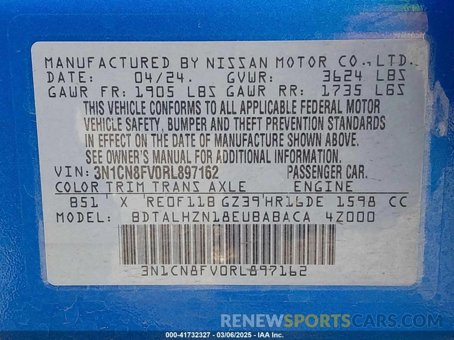 9 fotografías del automóvil dañado 3N1CN8FV0RL897162 NISSAN VERSA 2024