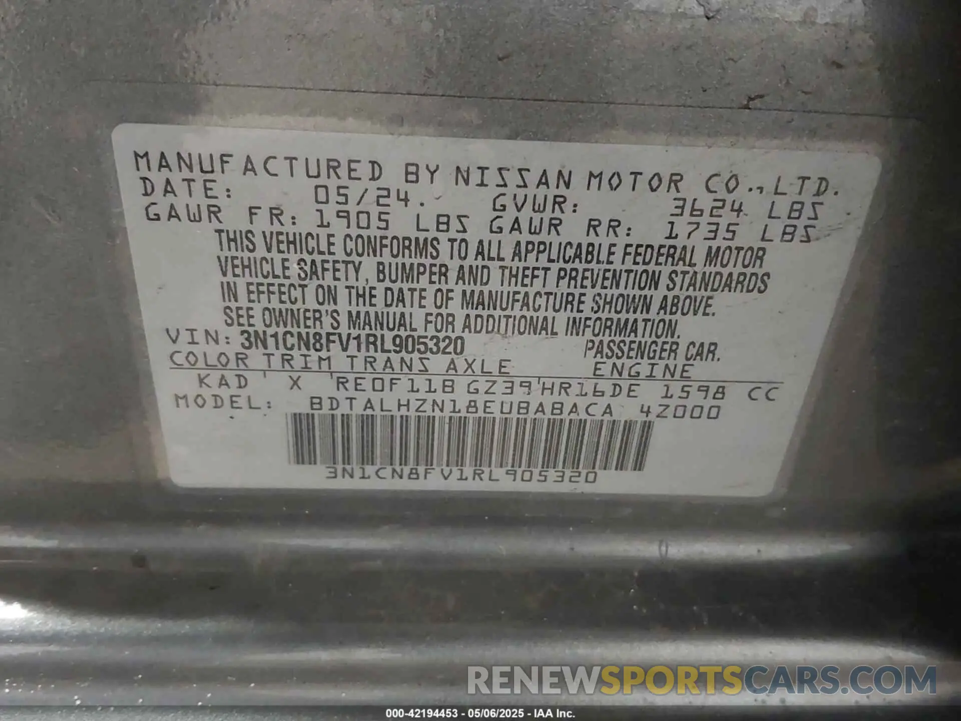 9 fotografías del automóvil dañado 3N1CN8FV1RL905320 NISSAN VERSA 2024