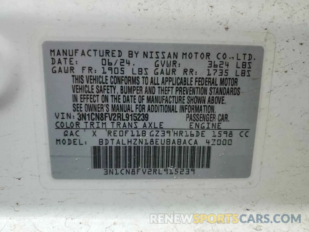 13 fotografías del automóvil dañado 3N1CN8FV2RL915239 NISSAN VERSA 2024