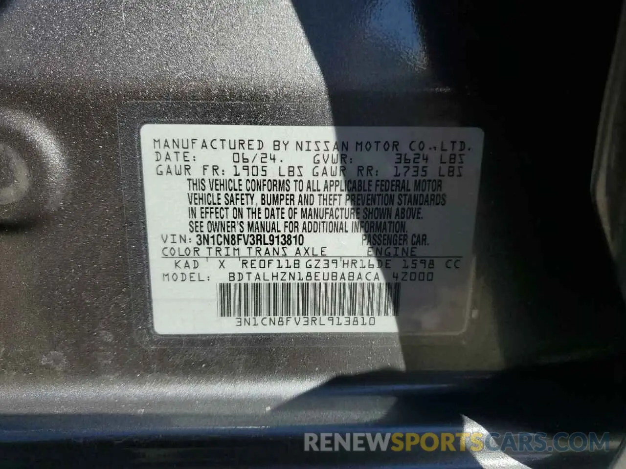 13 fotografías del automóvil dañado 3N1CN8FV3RL913810 NISSAN VERSA 2024