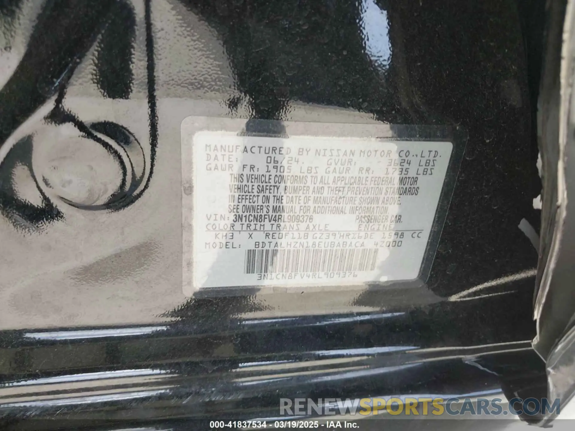 9 fotografías del automóvil dañado 3N1CN8FV4RL909376 NISSAN VERSA 2024
