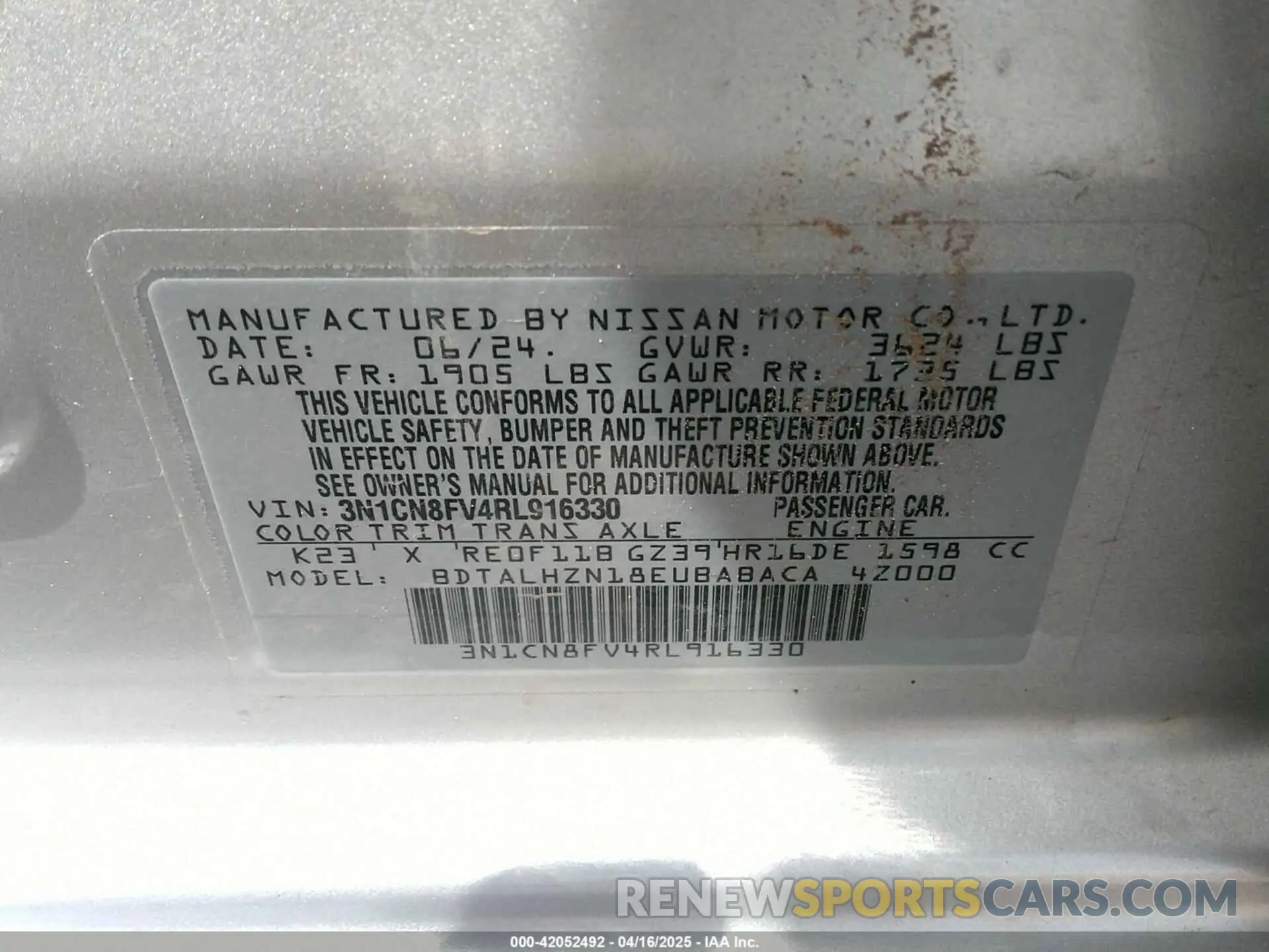 9 fotografías del automóvil dañado 3N1CN8FV4RL916330 NISSAN VERSA 2024