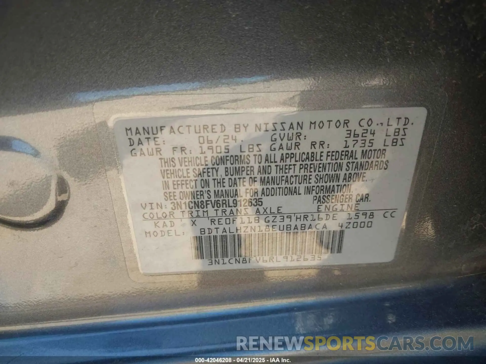9 fotografías del automóvil dañado 3N1CN8FV6RL912635 NISSAN VERSA 2024