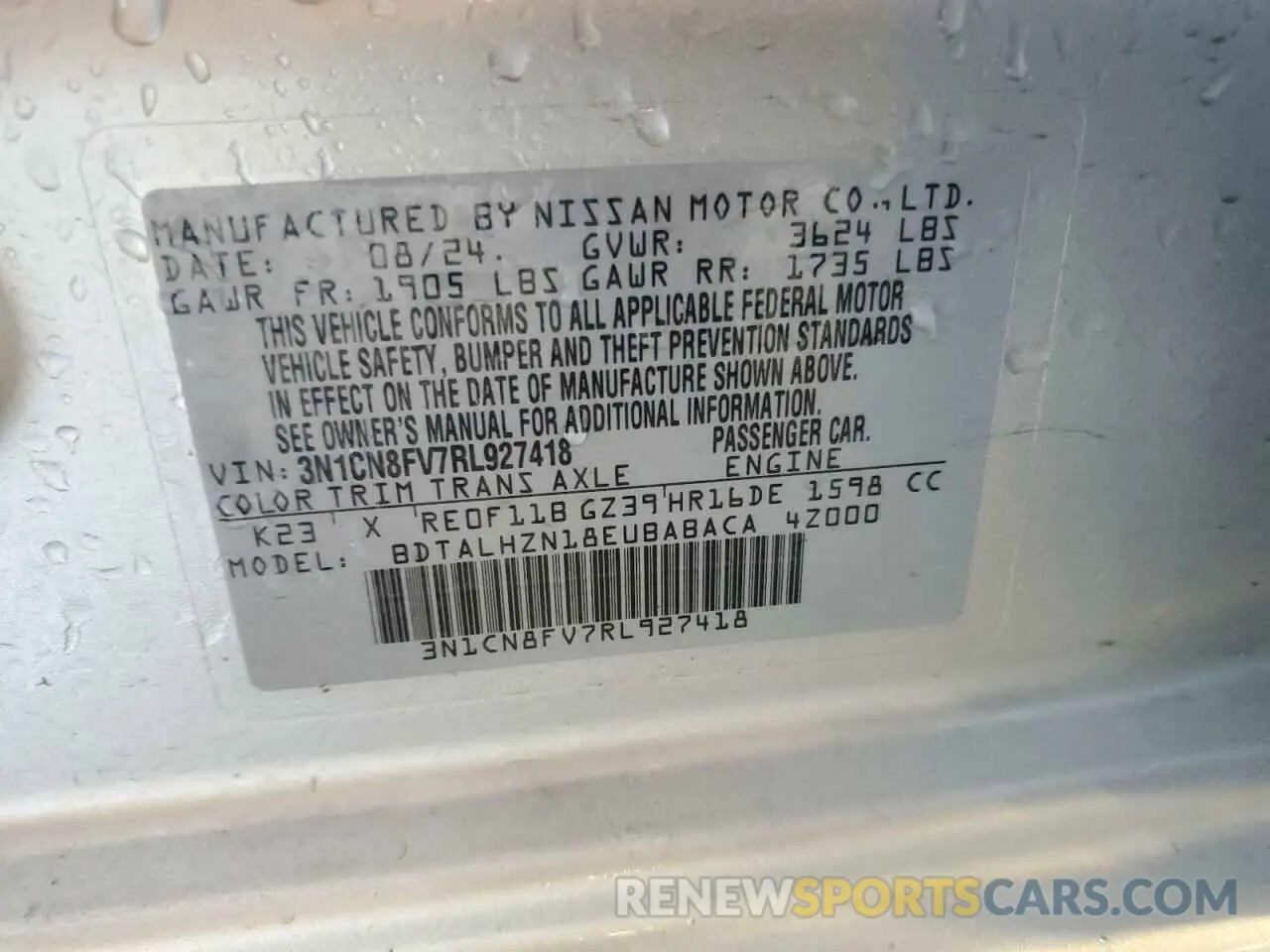 12 fotografías del automóvil dañado 3N1CN8FV7RL927418 NISSAN VERSA 2024