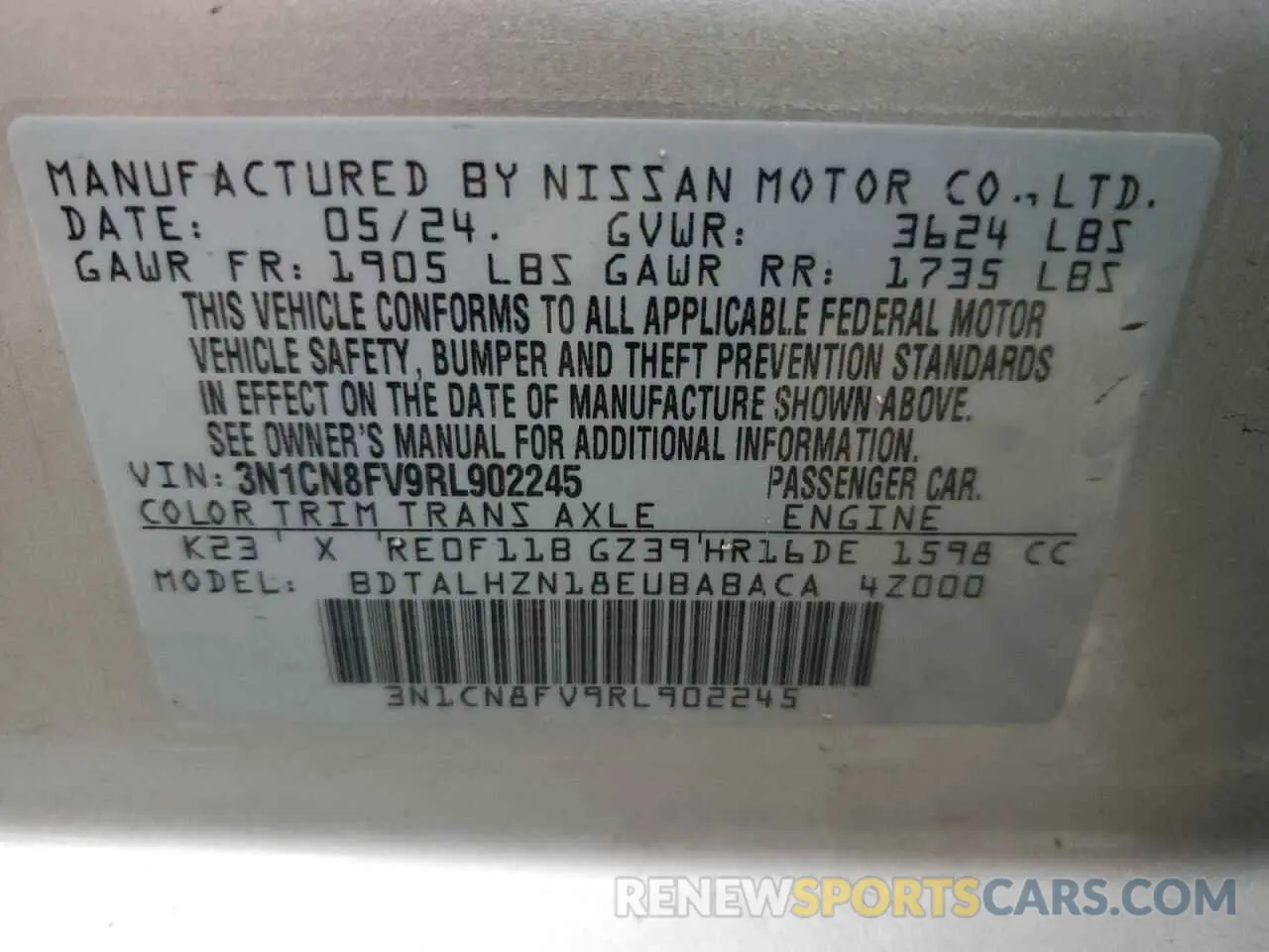 12 fotografías del automóvil dañado 3N1CN8FV9RL902245 NISSAN VERSA 2024