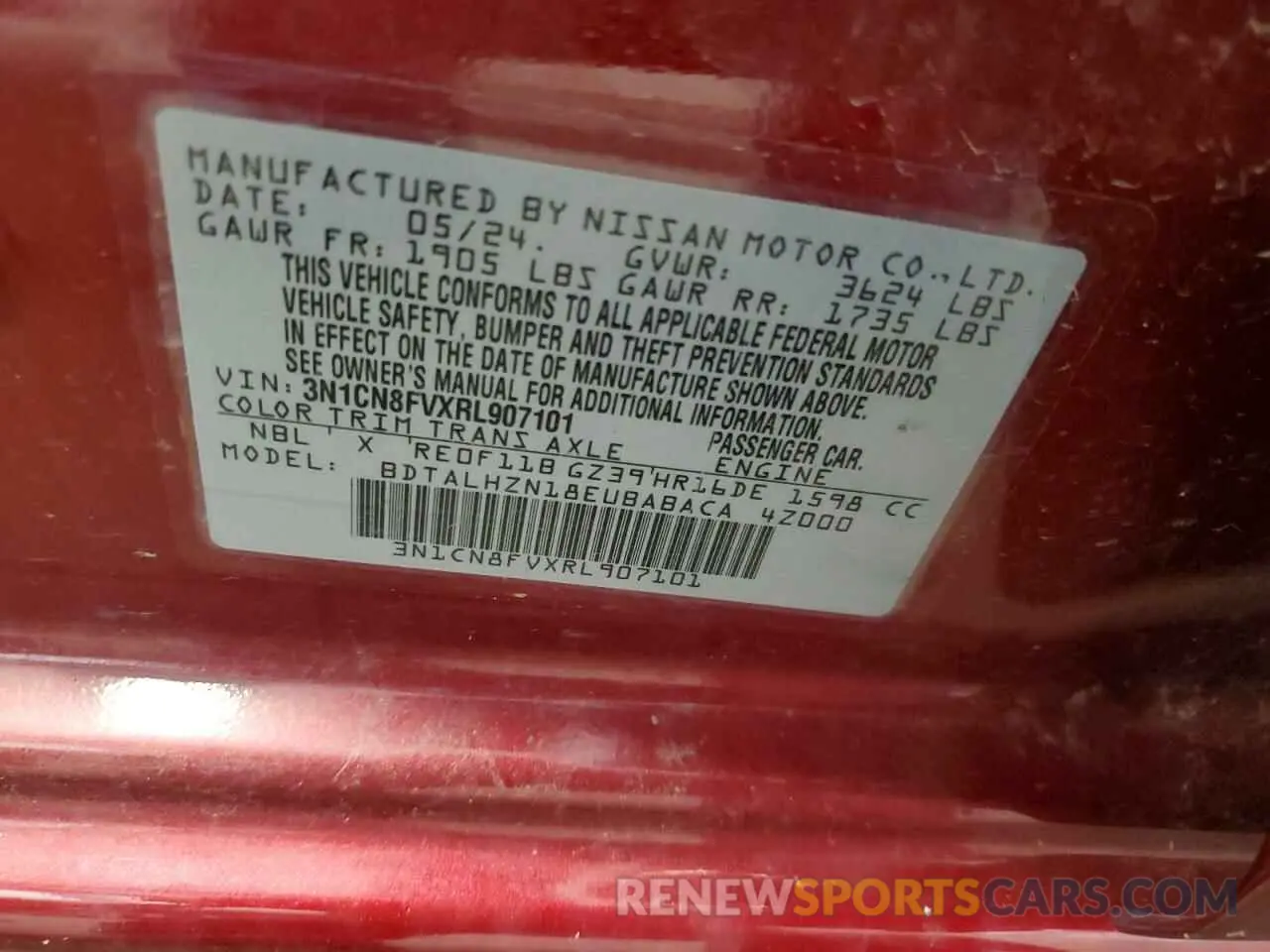 12 fotografías del automóvil dañado 3N1CN8FVXRL907101 NISSAN VERSA 2024