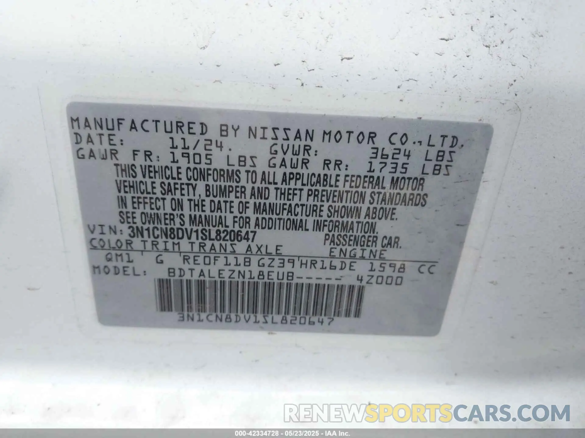 9 fotografías del automóvil dañado 3N1CN8DV1SL820647 NISSAN VERSA 2025