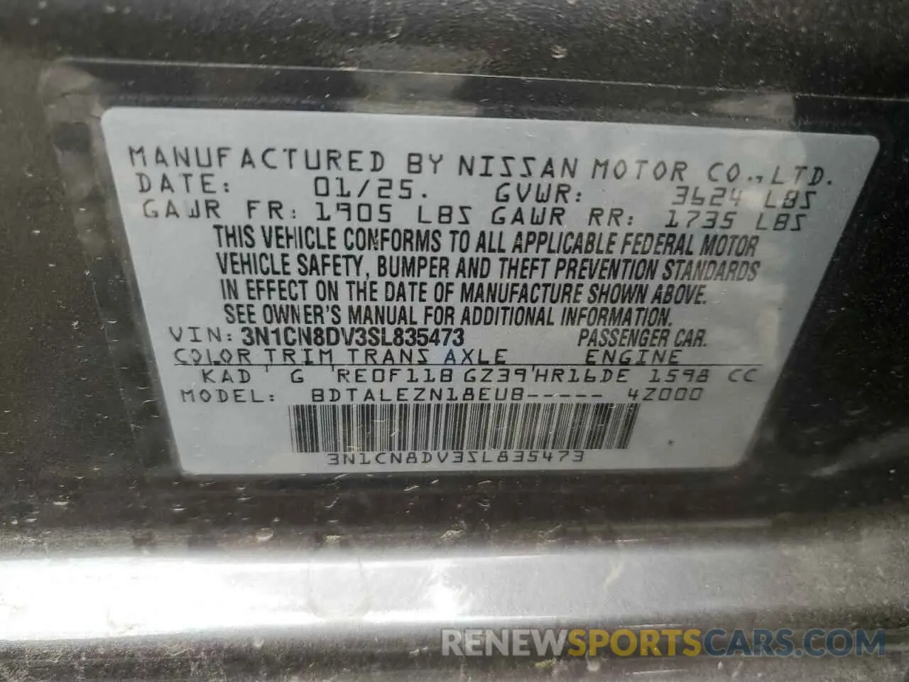 12 fotografías del automóvil dañado 3N1CN8DV3SL835473 NISSAN VERSA 2025