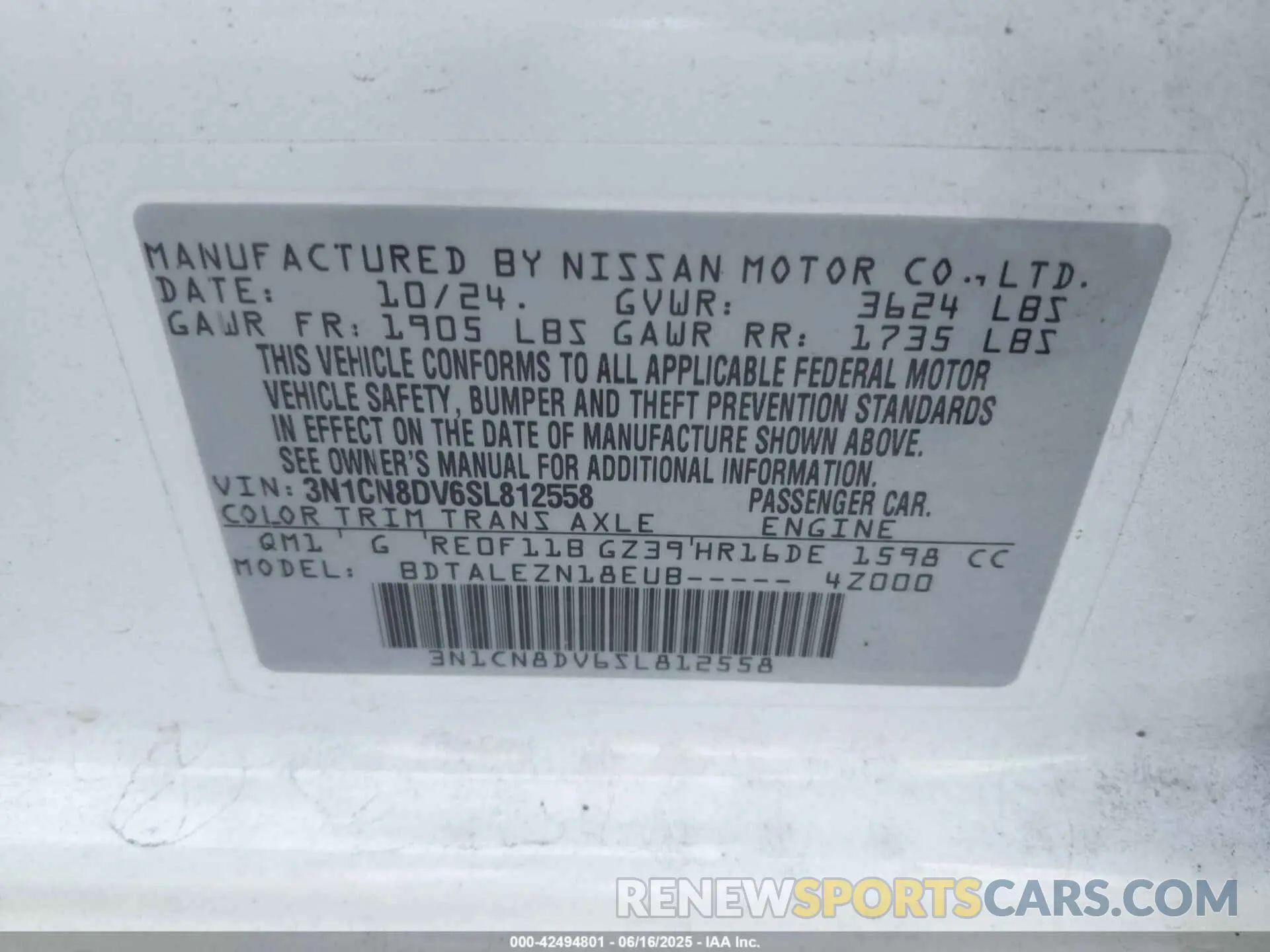 9 fotografías del automóvil dañado 3N1CN8DV6SL812558 NISSAN VERSA 2025