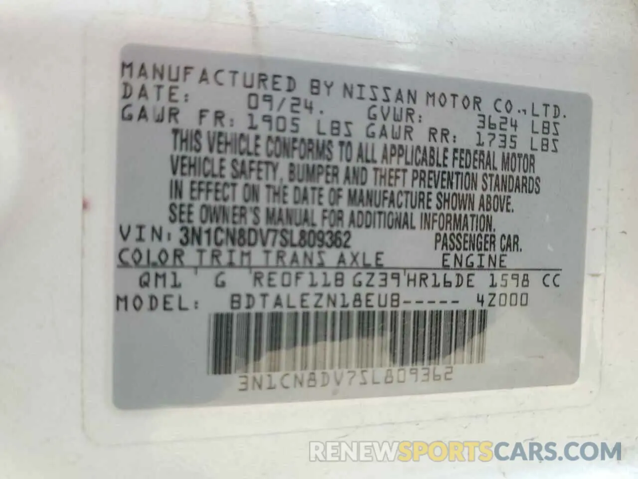 13 fotografías del automóvil dañado 3N1CN8DV7SL809362 NISSAN VERSA 2025