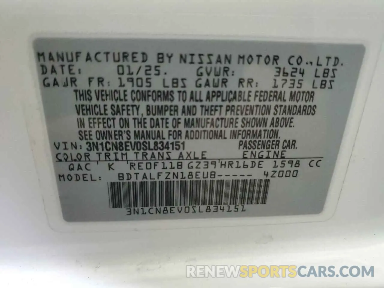 13 fotografías del automóvil dañado 3N1CN8EV0SL834151 NISSAN VERSA 2025