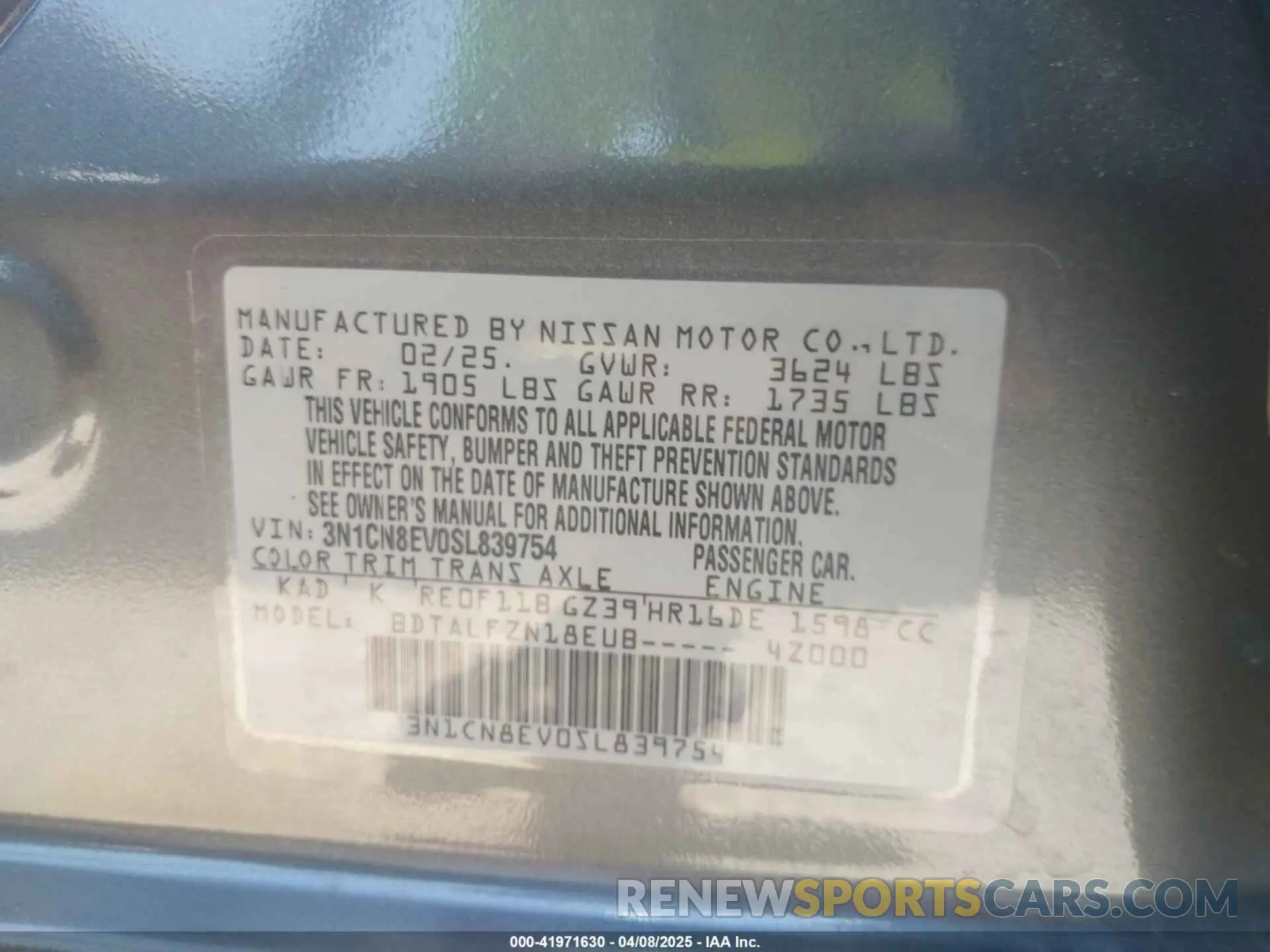 9 fotografías del automóvil dañado 3N1CN8EV0SL839754 NISSAN VERSA 2025