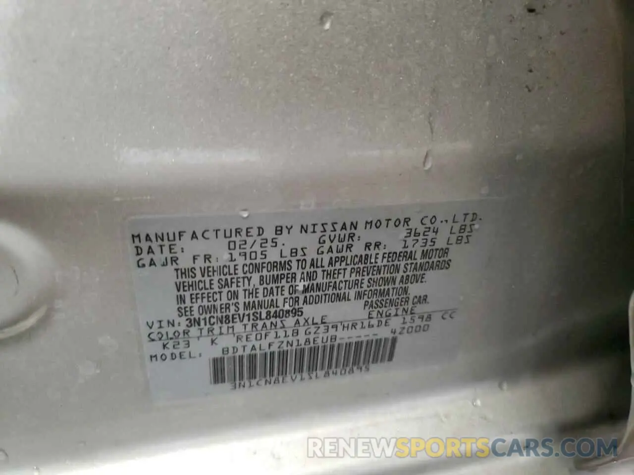 12 fotografías del automóvil dañado 3N1CN8EV1SL840895 NISSAN VERSA 2025