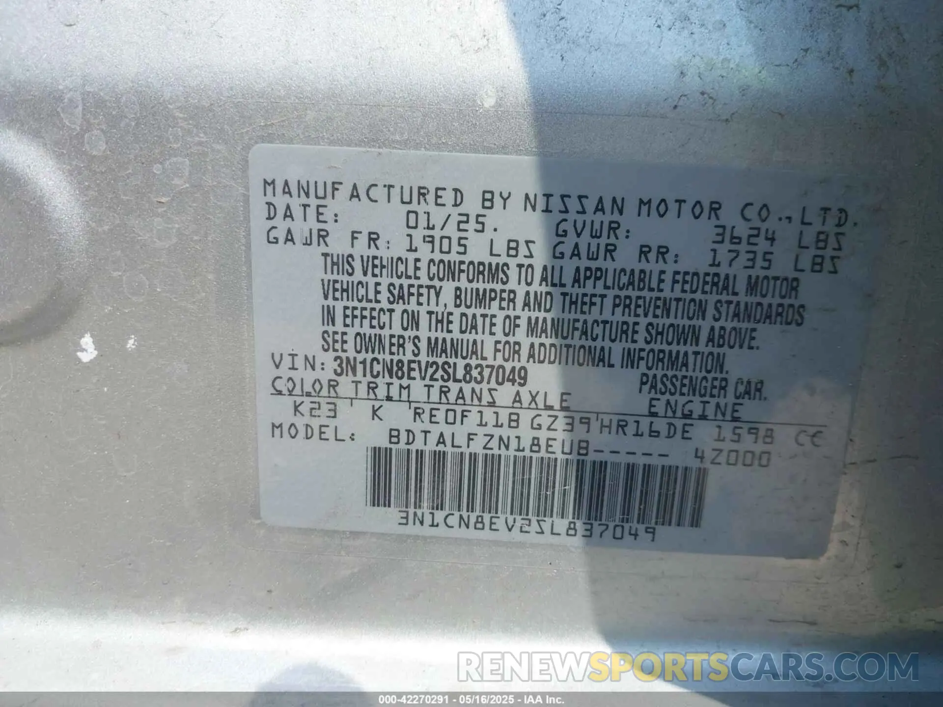9 fotografías del automóvil dañado 3N1CN8EV2SL837049 NISSAN VERSA 2025