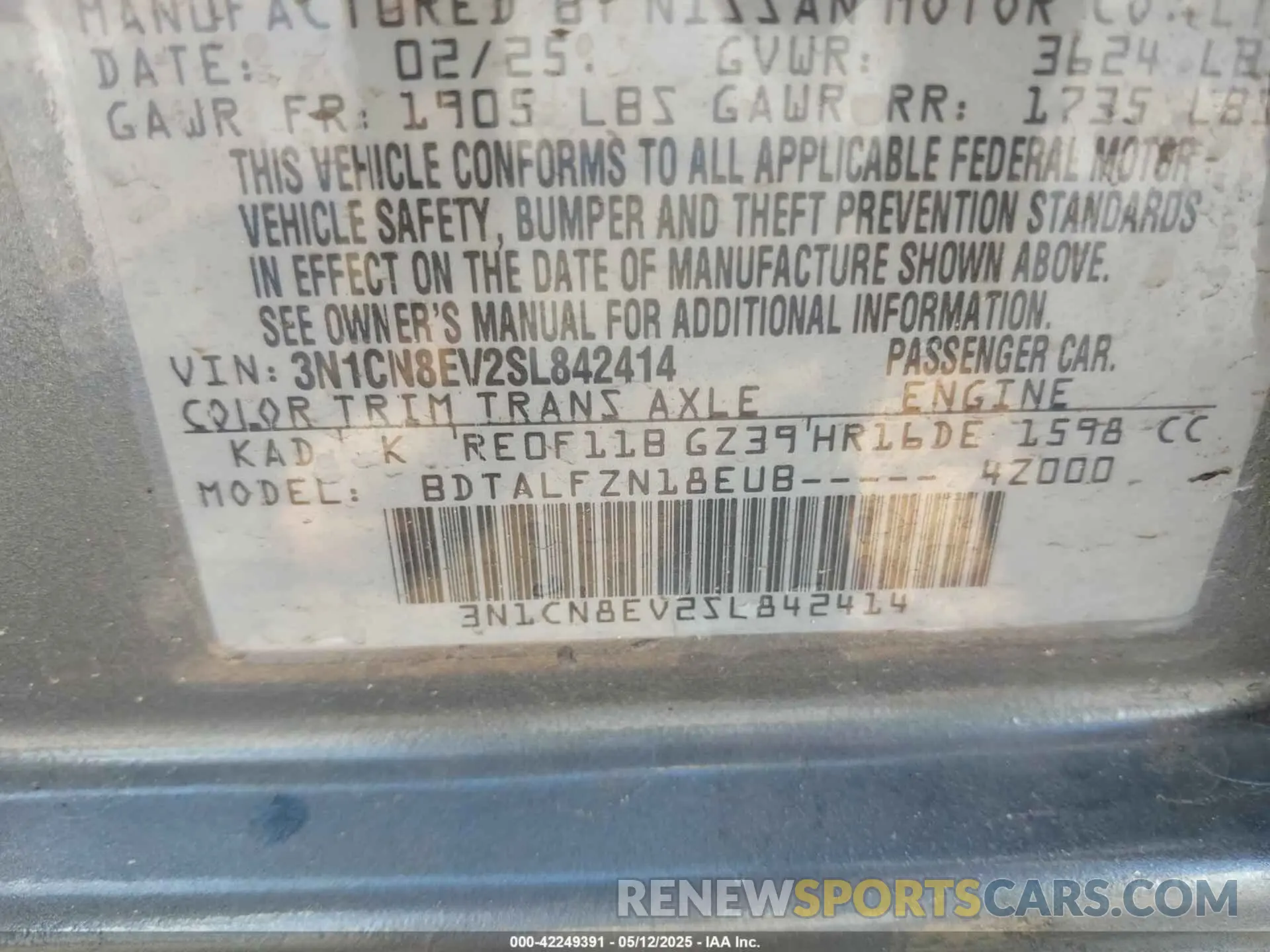 9 fotografías del automóvil dañado 3N1CN8EV2SL842414 NISSAN VERSA 2025