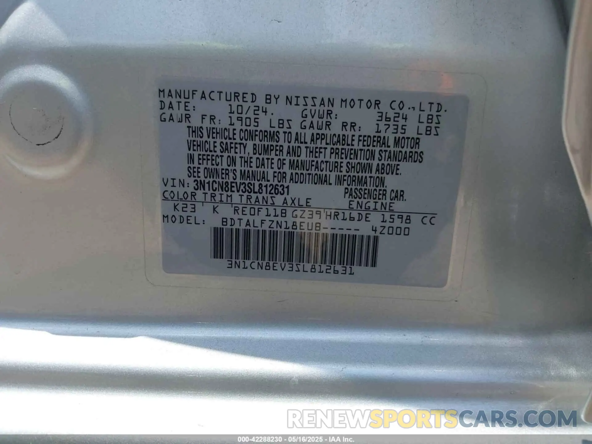 9 fotografías del automóvil dañado 3N1CN8EV3SL812631 NISSAN VERSA 2025