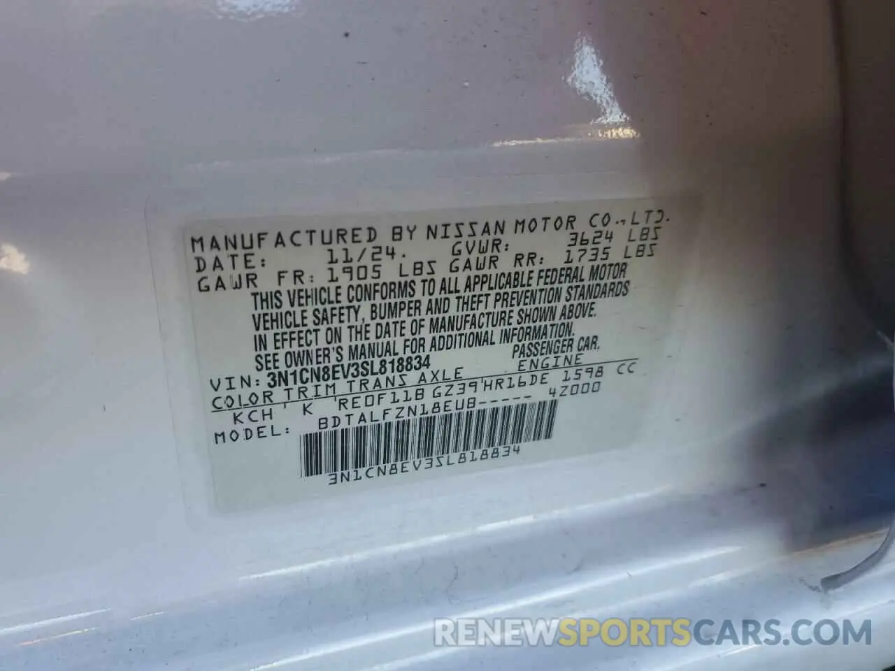 12 fotografías del automóvil dañado 3N1CN8EV3SL818834 NISSAN VERSA 2025