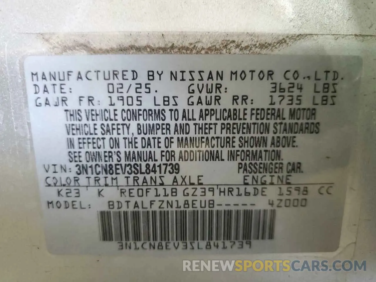 12 fotografías del automóvil dañado 3N1CN8EV3SL841739 NISSAN VERSA 2025