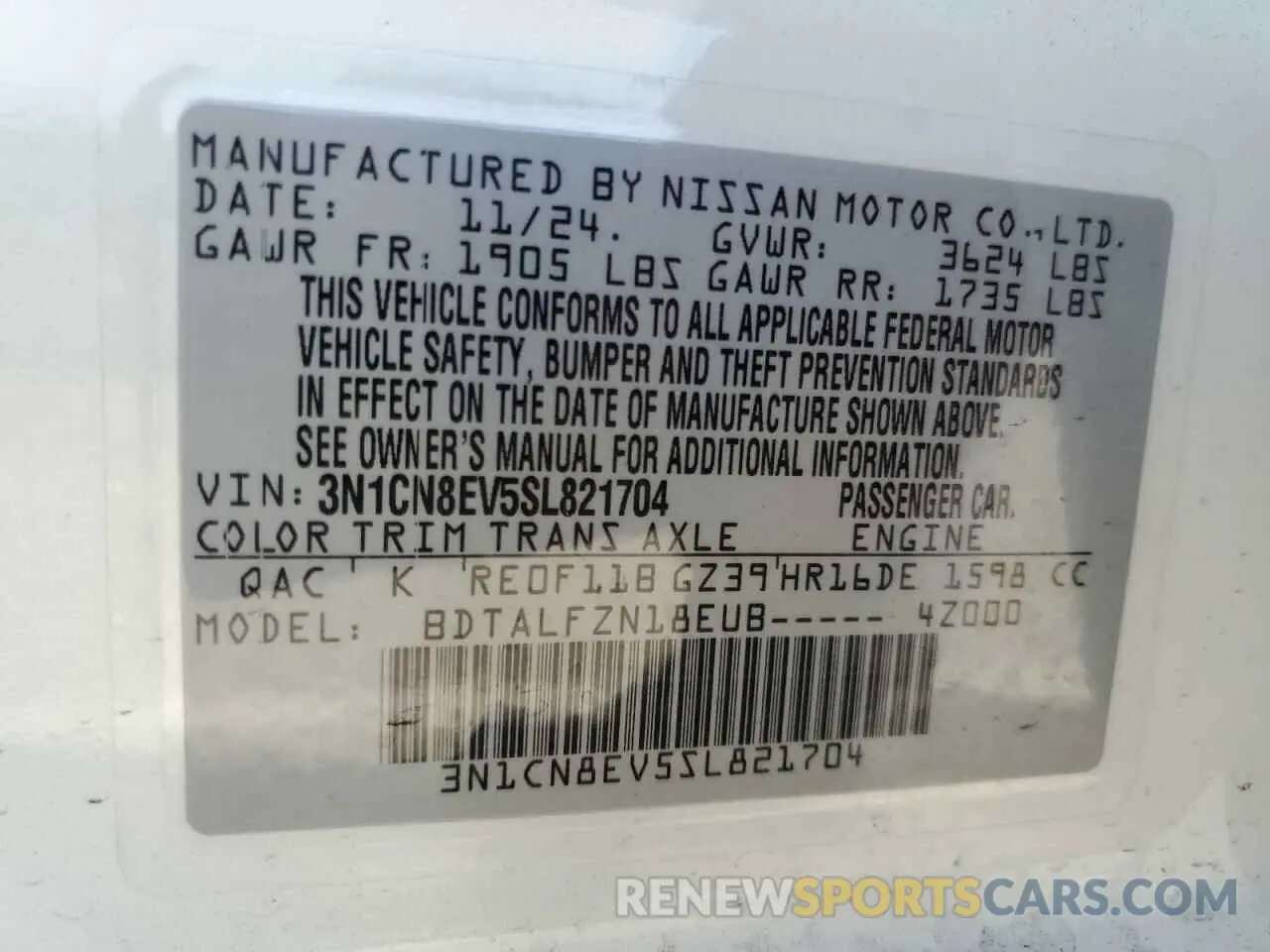 12 fotografías del automóvil dañado 3N1CN8EV5SL821704 NISSAN VERSA 2025