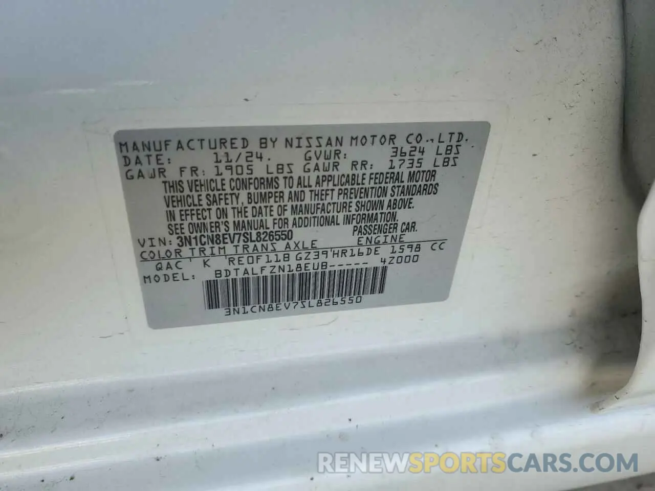 12 fotografías del automóvil dañado 3N1CN8EV7SL826550 NISSAN VERSA 2025