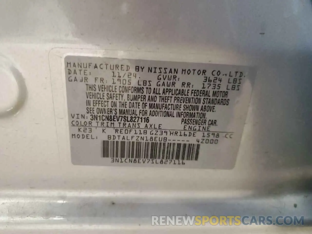 12 fotografías del automóvil dañado 3N1CN8EV7SL827116 NISSAN VERSA 2025