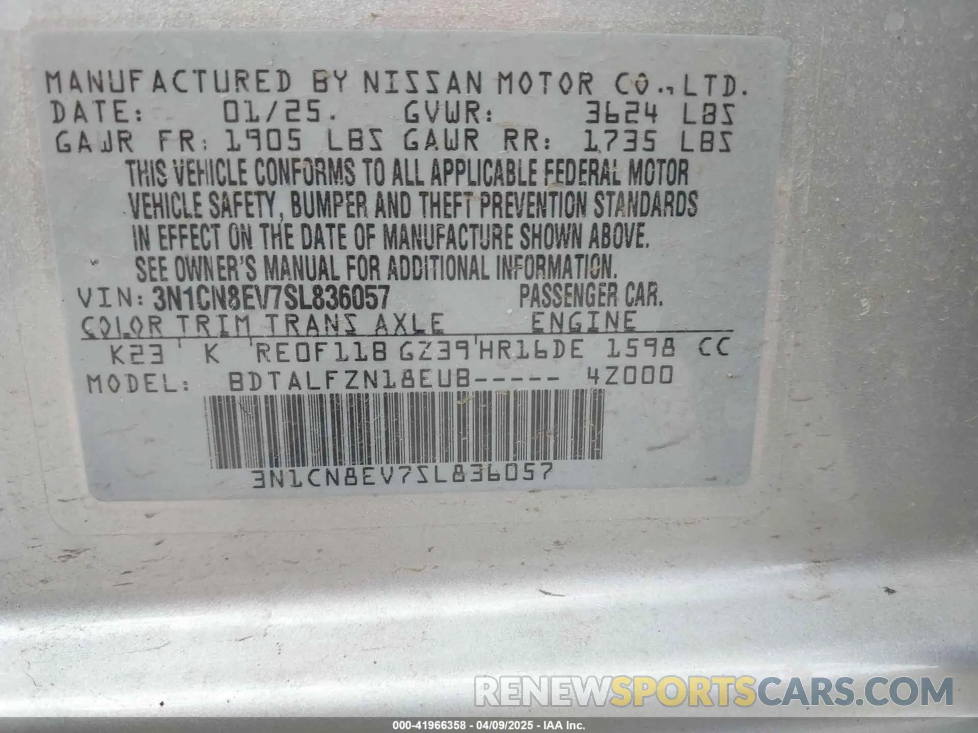 9 fotografías del automóvil dañado 3N1CN8EV7SL836057 NISSAN VERSA 2025