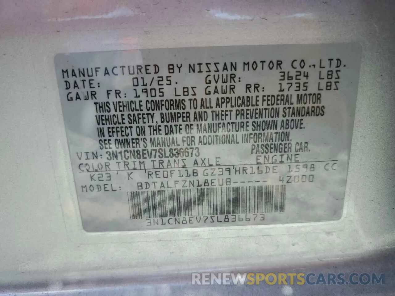 13 fotografías del automóvil dañado 3N1CN8EV7SL836673 NISSAN VERSA 2025