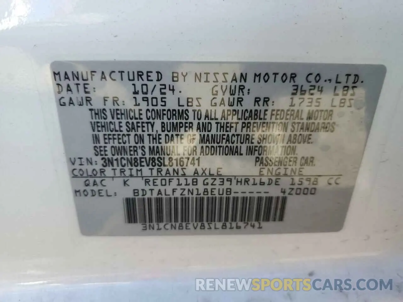 13 fotografías del automóvil dañado 3N1CN8EV8SL816741 NISSAN VERSA 2025