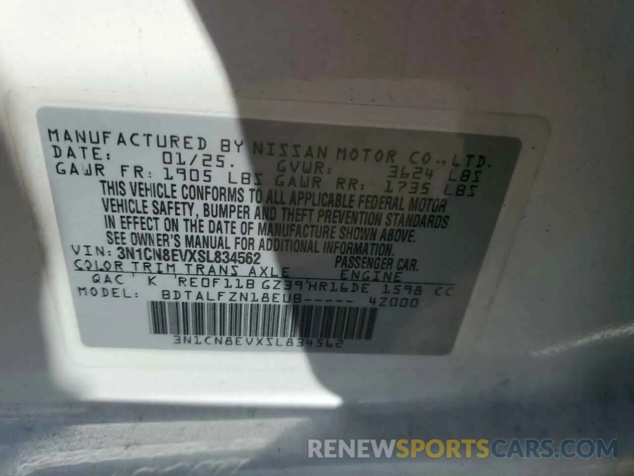 12 fotografías del automóvil dañado 3N1CN8EVXSL834562 NISSAN VERSA 2025