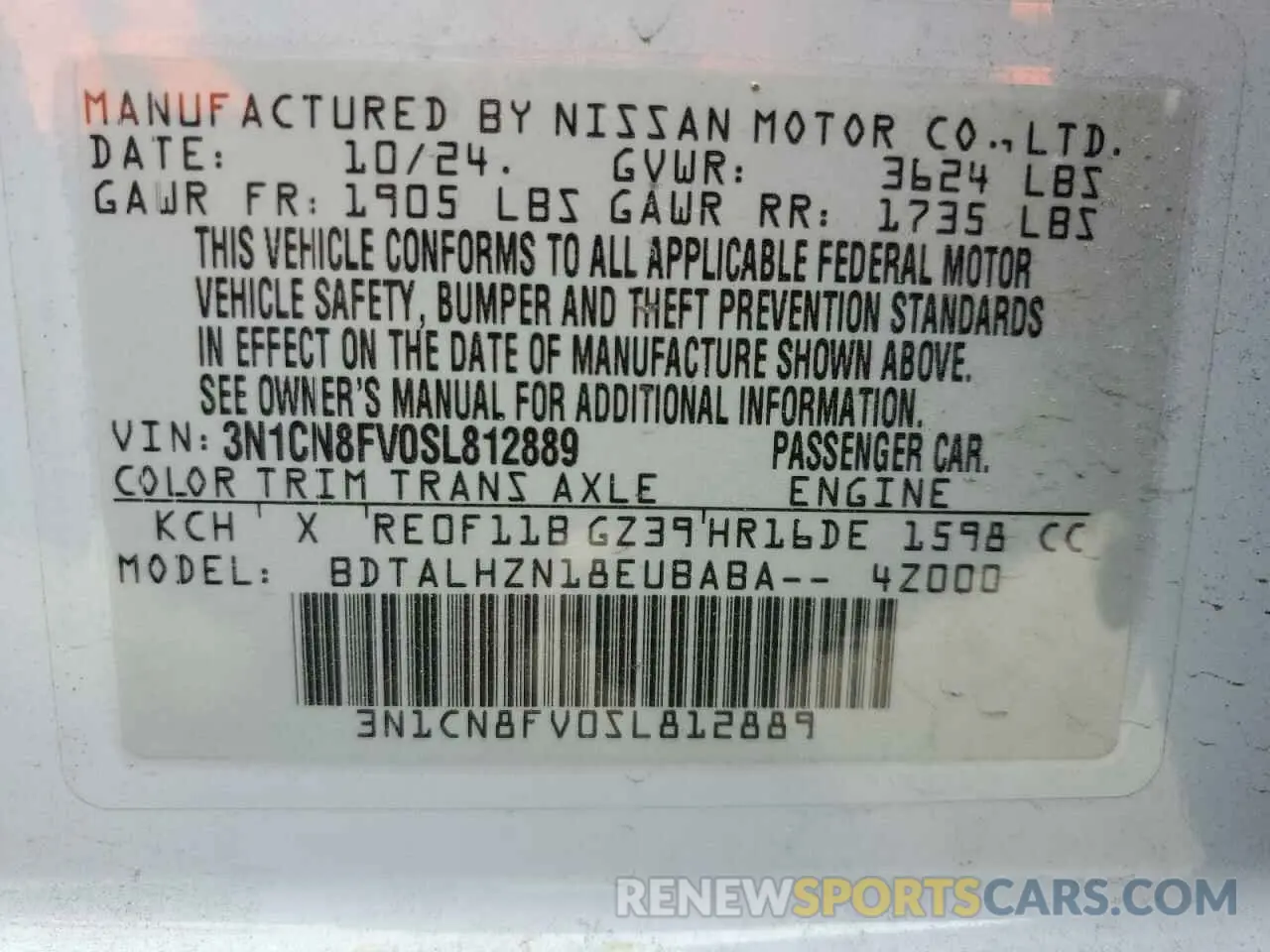 12 fotografías del automóvil dañado 3N1CN8FV0SL812889 NISSAN VERSA 2025