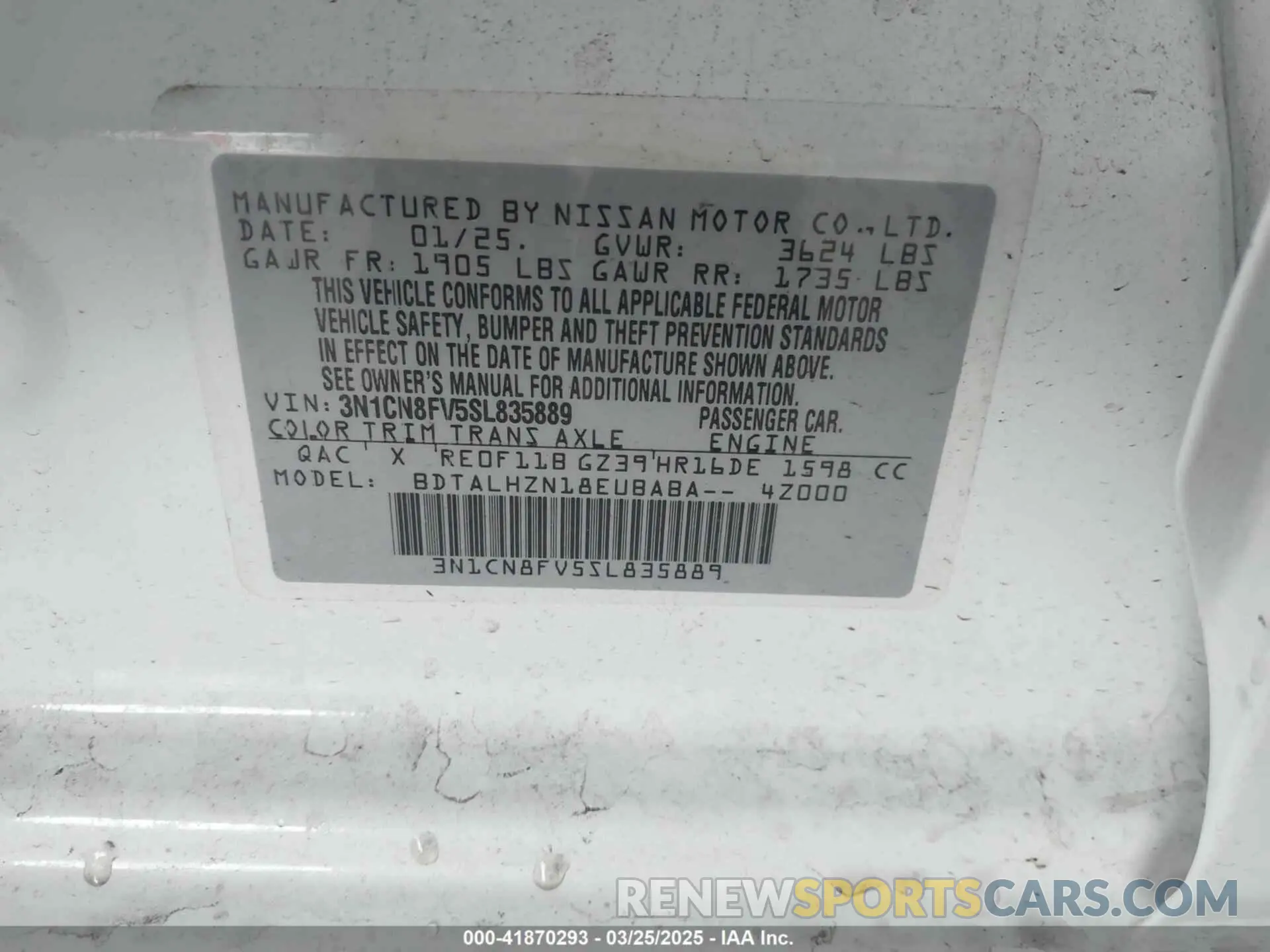 9 fotografías del automóvil dañado 3N1CN8FV5SL835889 NISSAN VERSA 2025