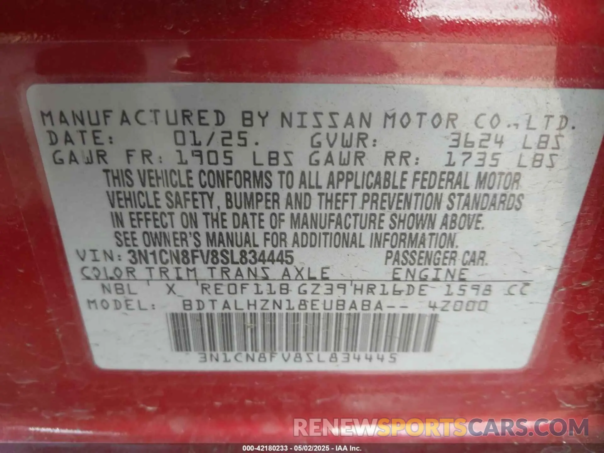 9 fotografías del automóvil dañado 3N1CN8FV8SL834445 NISSAN VERSA 2025