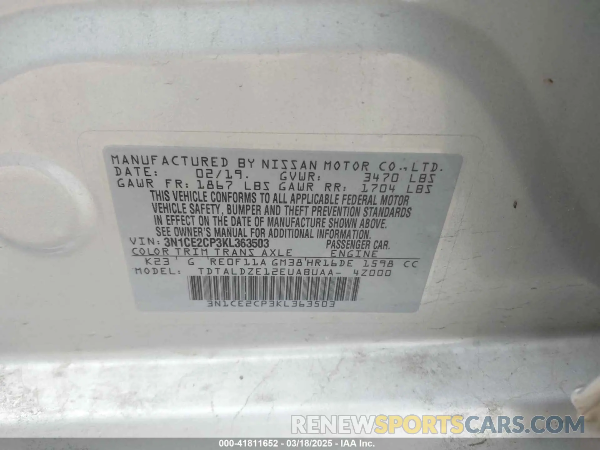 9 fotografías del automóvil dañado 3N1CE2CP3KL363503 NISSAN VERSA NOTE 2019