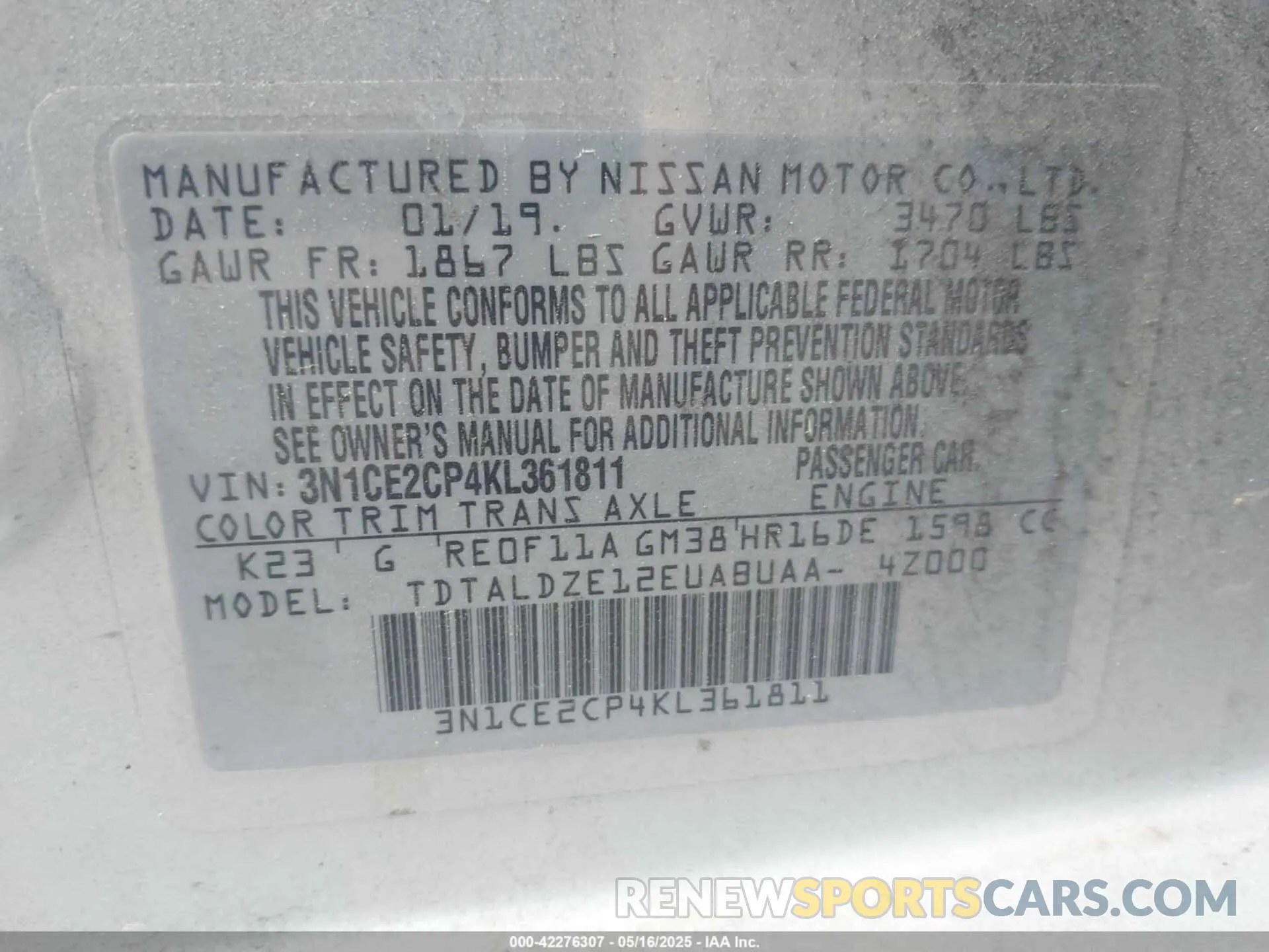 9 fotografías del automóvil dañado 3N1CE2CP4KL361811 NISSAN VERSA NOTE 2019