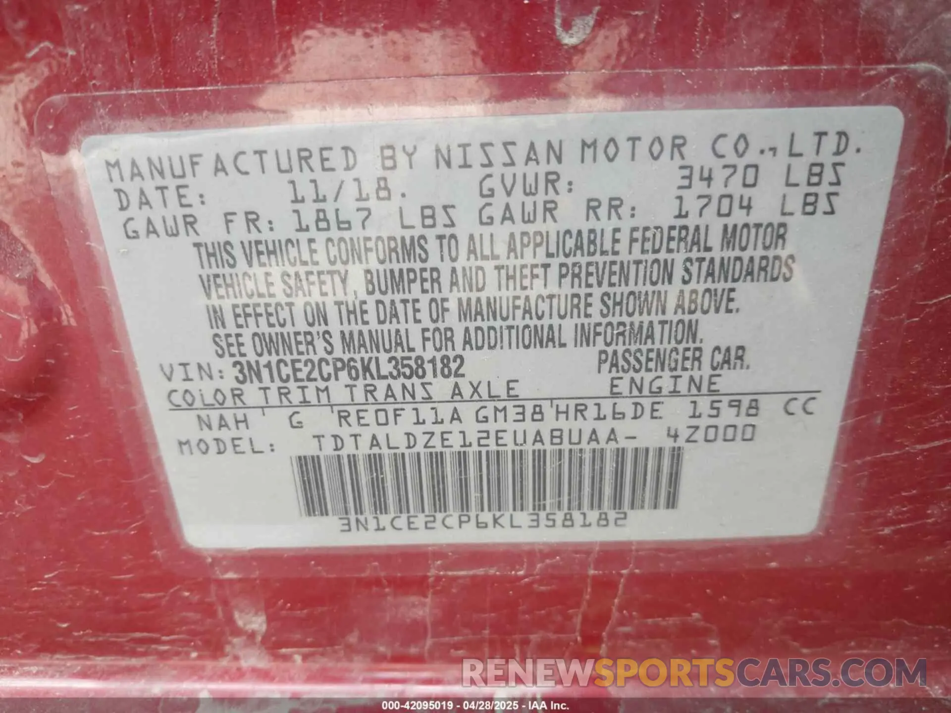 9 fotografías del automóvil dañado 3N1CE2CP6KL358182 NISSAN VERSA NOTE 2019