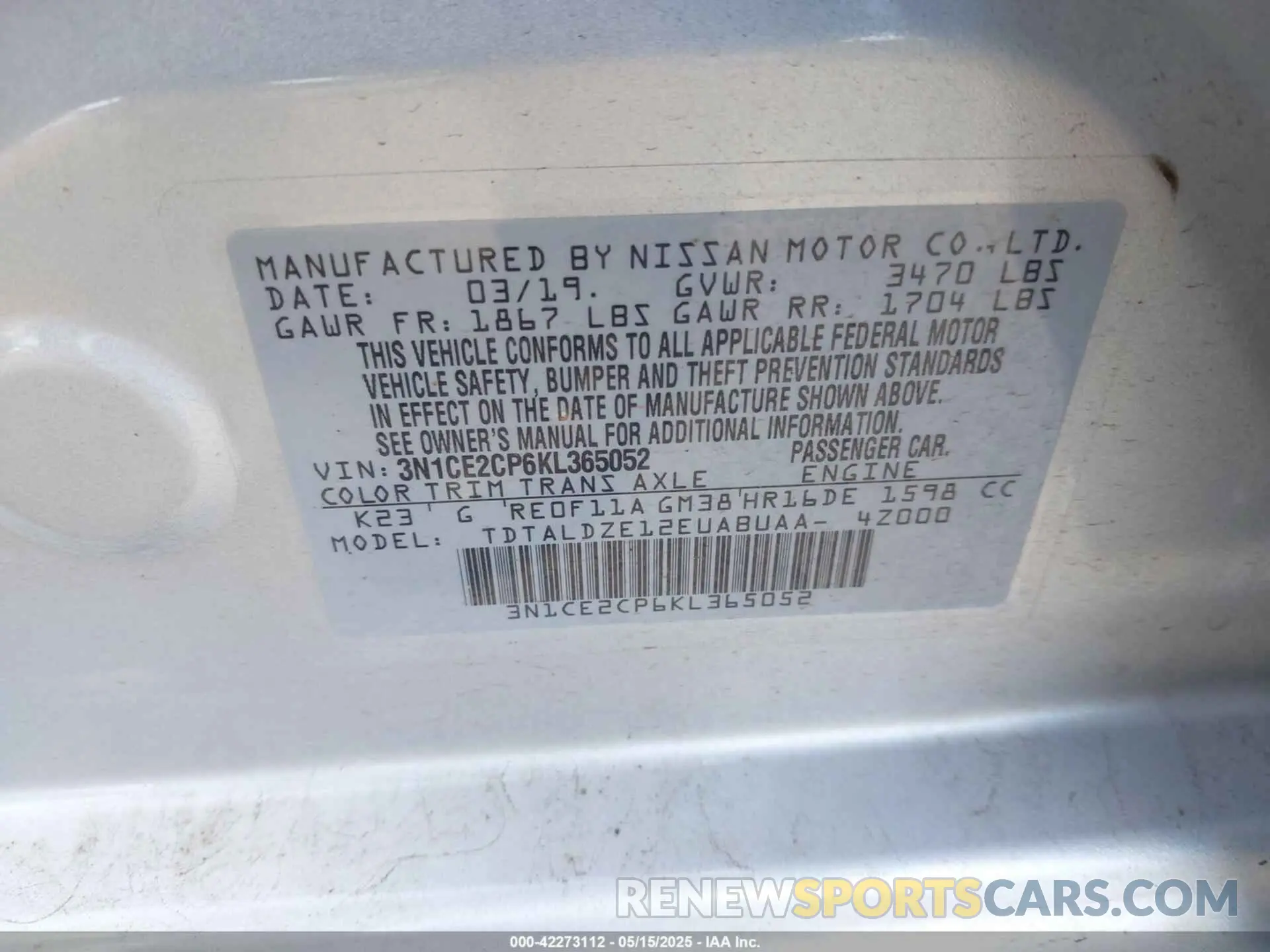 9 fotografías del automóvil dañado 3N1CE2CP6KL365052 NISSAN VERSA NOTE 2019