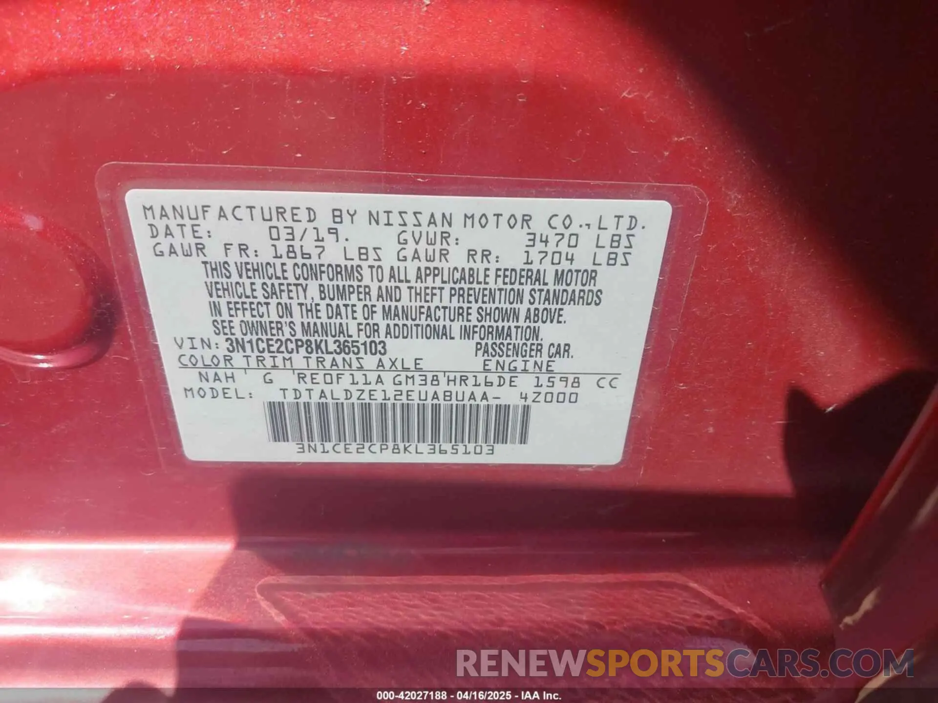 9 fotografías del automóvil dañado 3N1CE2CP8KL365103 NISSAN VERSA NOTE 2019