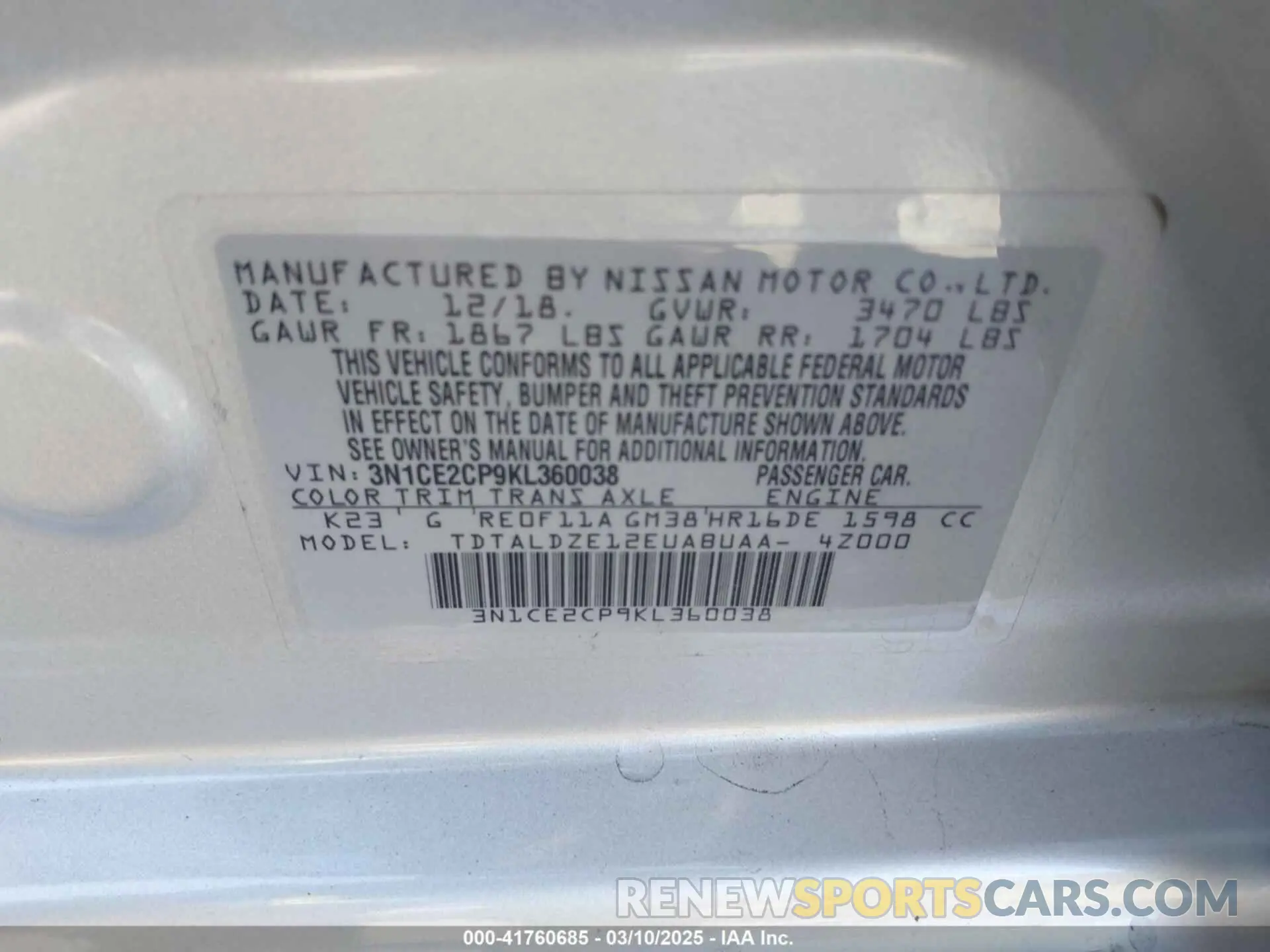 9 fotografías del automóvil dañado 3N1CE2CP9KL360038 NISSAN VERSA NOTE 2019