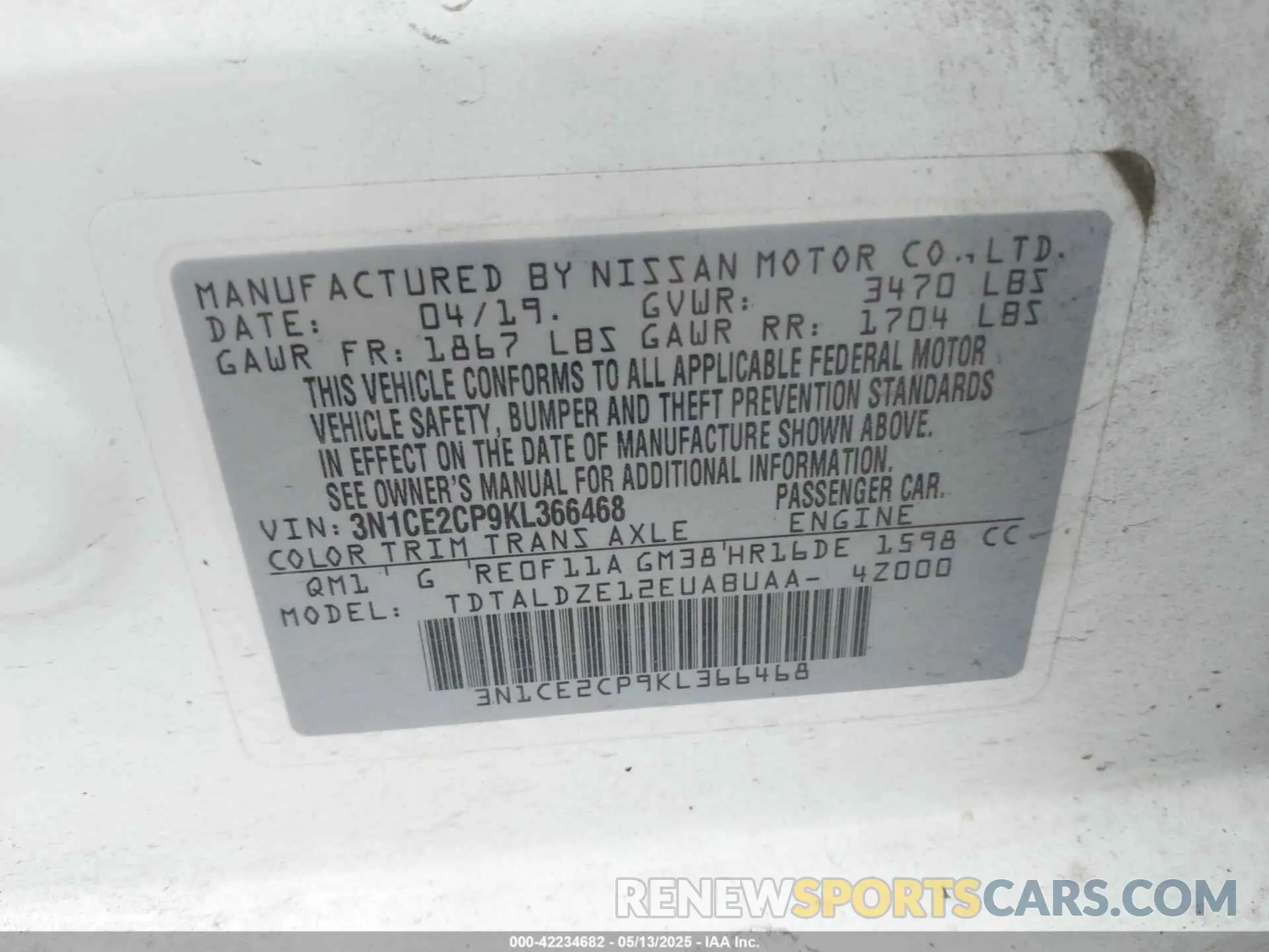 9 fotografías del automóvil dañado 3N1CE2CP9KL366468 NISSAN VERSA NOTE 2019