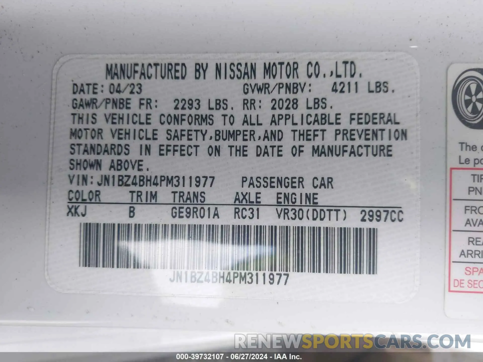9 fotografías del automóvil dañado JN1BZ4BH4PM311977 NISSAN Z 2023